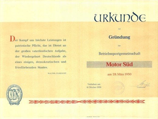 Gruendungs Urkunde BSG Motor Süd